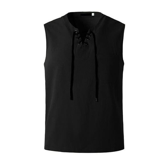 IROINNID Round Neckline Work Out Tops For Men Sleeveless Drawstring Cotton And Linen Sleeveless T-shirt Tops Pullover Solid Color Tops