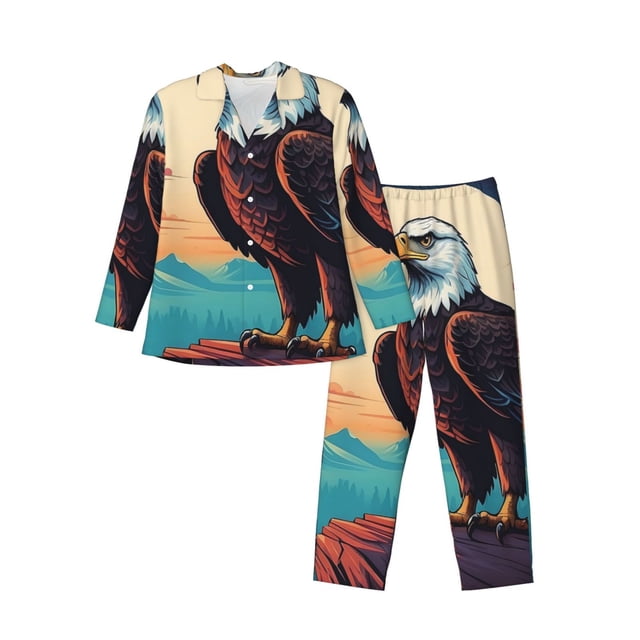 Balery Cartoon Iceberg Bald Eagle Pijama para Hombre de Dos Piezas con Manga Larga, Conjunto de Dormir y Descanso Suave con Bolsillos-Small