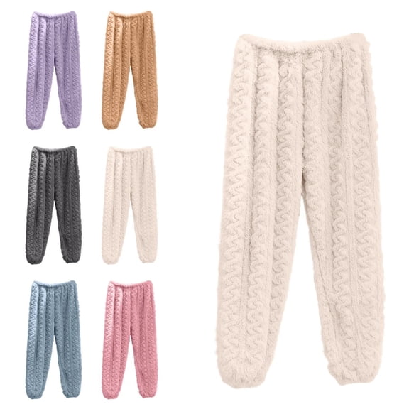 Women's Sherpa Fleece Pajamas Pants Winter Warm Fuzzy Thick Lounge Bottoms Sleepwear Elastic Homewear Trousers White Free