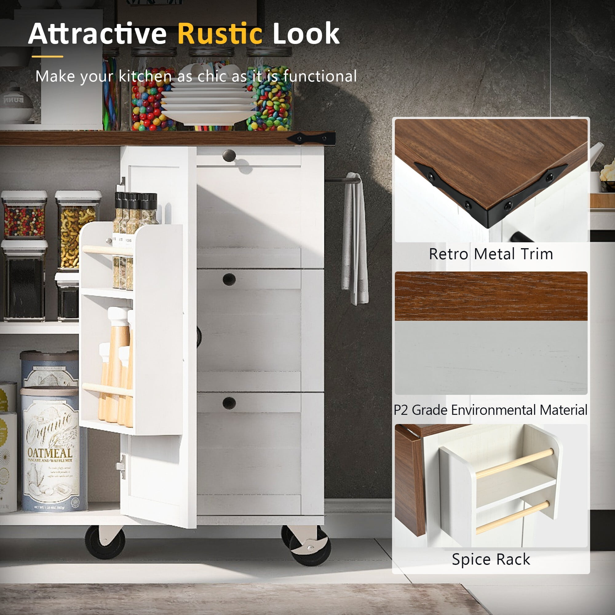 AENKYO 54.5" Farmhouse Kitchen Island with Power Outlet,Internal Storage Rack, Drop Leaf, Spice Rack, Rolling Kitchen Cart on Wheels, for Kitchen and Dining Room,White