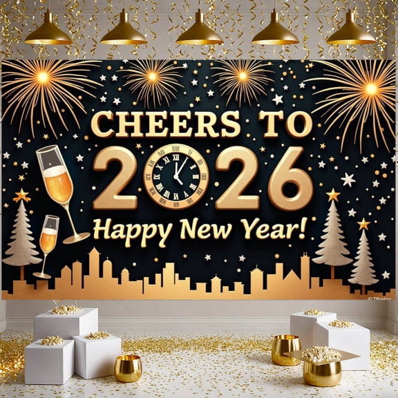 Gold Style New Year Banner Firework Decor 2026 Banner Champagne Glass Clock Pattern Happy New Year Banner for New Year Party New Year's Eve Party Family Gathering