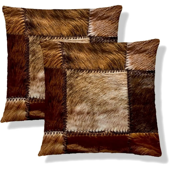 Ryan; Cow Fur Throw Pillow Covers 18x18 Set of 2 Western Cowhide Short Plush Pillows Case Brown Cow Print Square Cushion Cover Decorative Pillowcases for Couch Bed