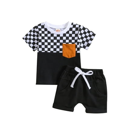 

Bagilaanoe 2pcs Toddler Baby Boy Short Pants Set Short Sleeve Checkerboard Print T-Shirts Tops + Shorts 6M 12M 18M 24M 3T Kids Casual Summer Outfits