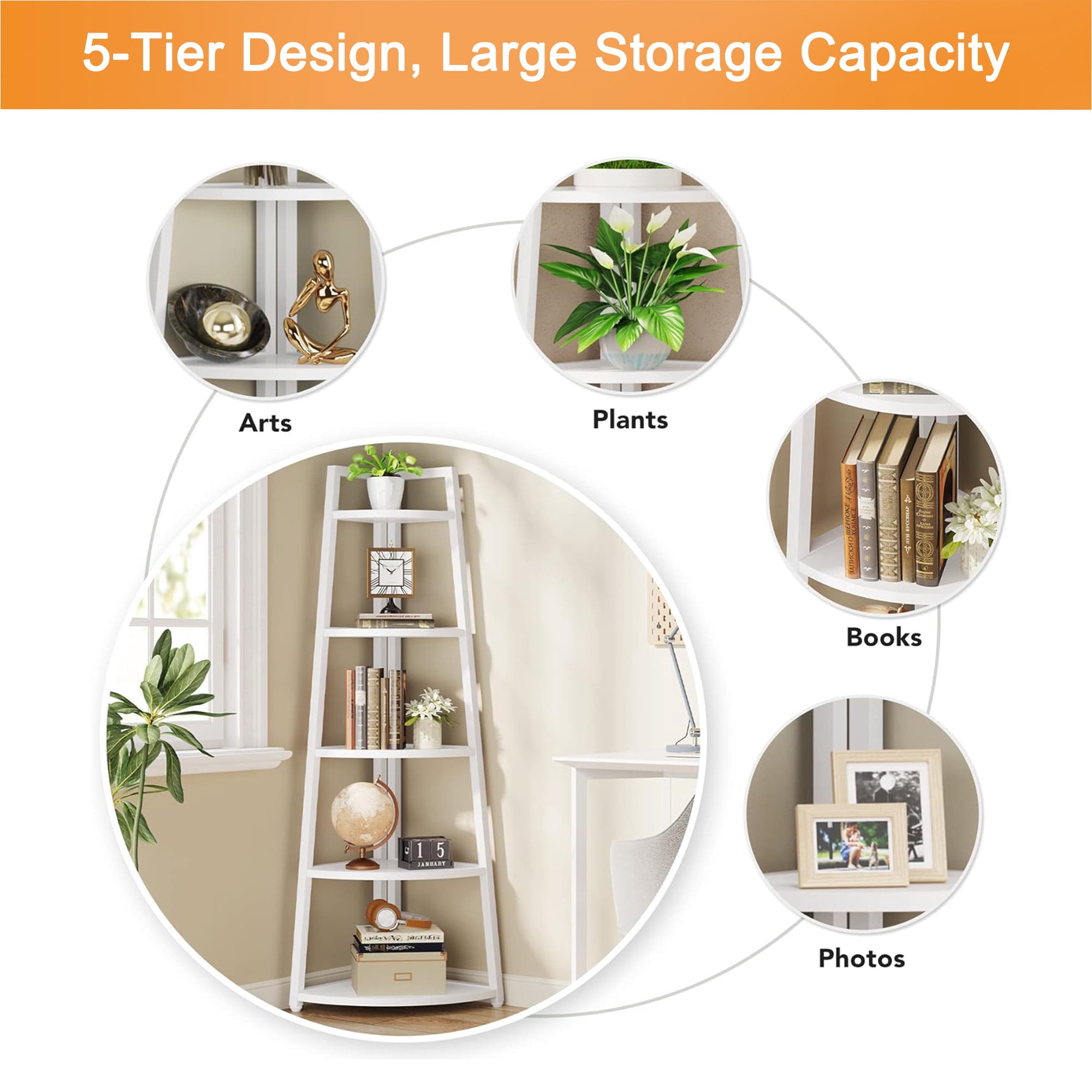 MAYEERTY Space-Saving 5-Tier Corner Ladder Bookcase, 70" Tall Storage Organizer for All Corners of Your Home