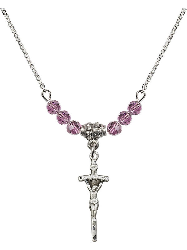 18-Inch Rhodium Plated Necklace with 4mm Garnet Birthstone Beads and Sterling Silver Papal Crucifix Charm.