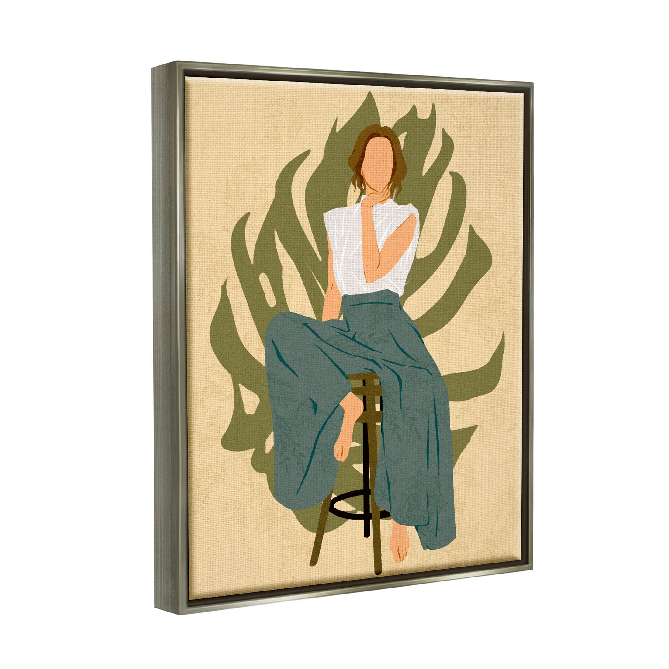 Boho Woman Sitting Plant Leaf Botanical & Floral Graphic Art Luster Gray Framed Art Print Wall Art
