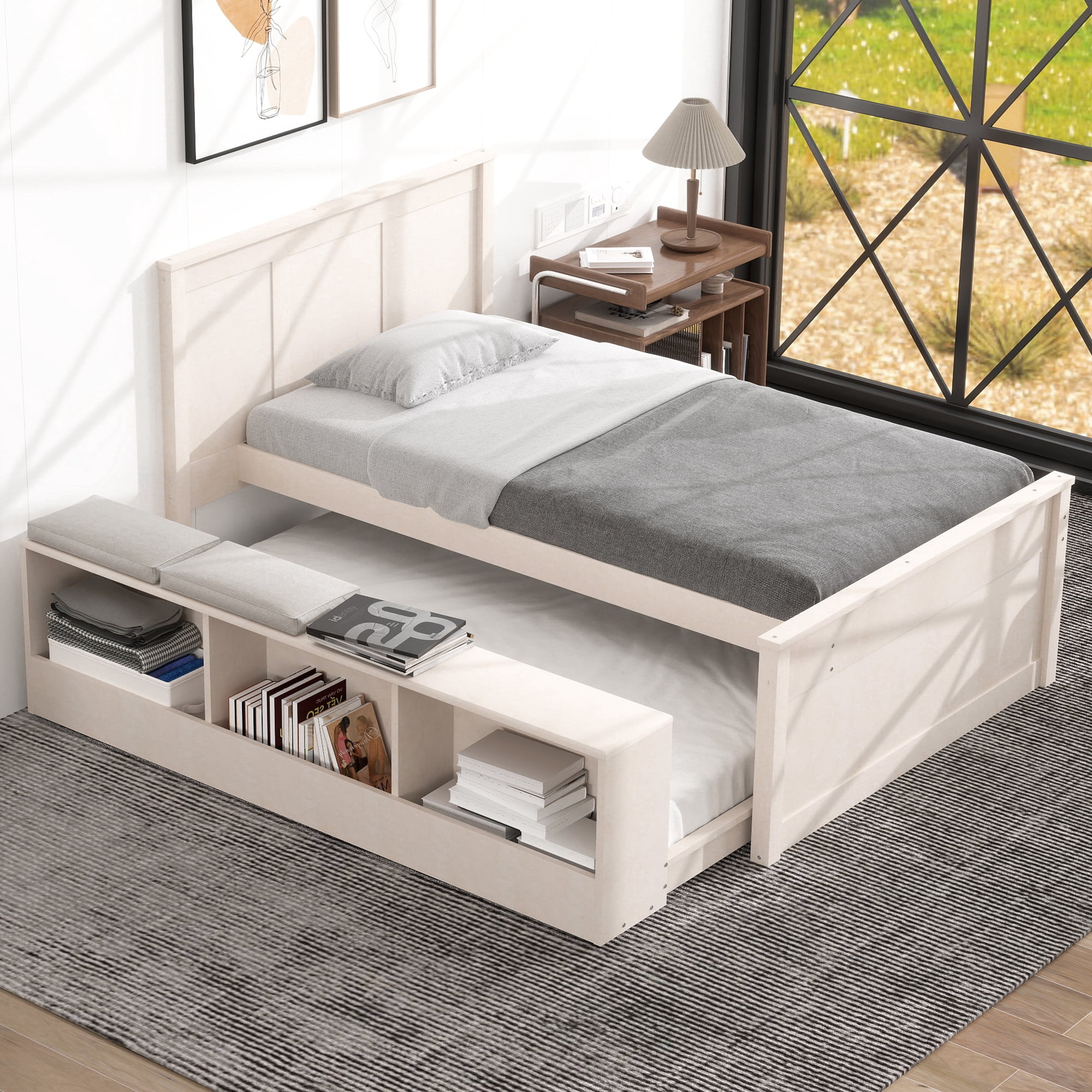 Mintazer Twin Platform Bed with Pull-Out Trundle, Modern Bookcase Bed with Storage Cabinet, No Box Spring Needed, White