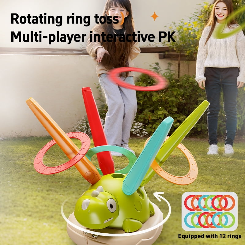 3-in-1 Dinosaur Musical Jumping Game, Toss Ring and Rocket Launcher with Remote Control, Kids Outdoor Indoor Toy Ages 3-8, No Battery