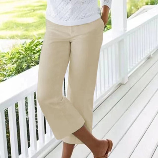 Jsaierl Wide Leg Linen Pants for Women Stretch Elastic Waisted Casual Capris with Pockets Plus Size Summer Solid Color Capris Pants