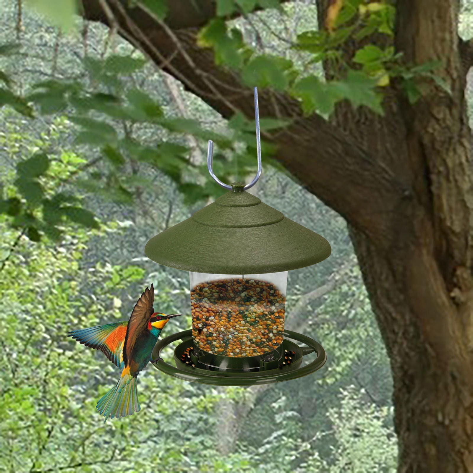 Bird Feeder for Outdoor Hanging, No Mess No Spill Birdfeeder for Outdoor, Squirrel Proof Bird Feeder Catch Tray with 3 Cups- Large Capacity for Outside Hanging to Attracting Birds