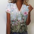 thumbnail image 1 of Hauts d'Été pour Femmes 2023 Mode Oversize Col en V Patchwork en Dentelle Manches Courtes Blouse Décontractée Chemises Col en V en Dentelle pour Femmes, 1 of 5