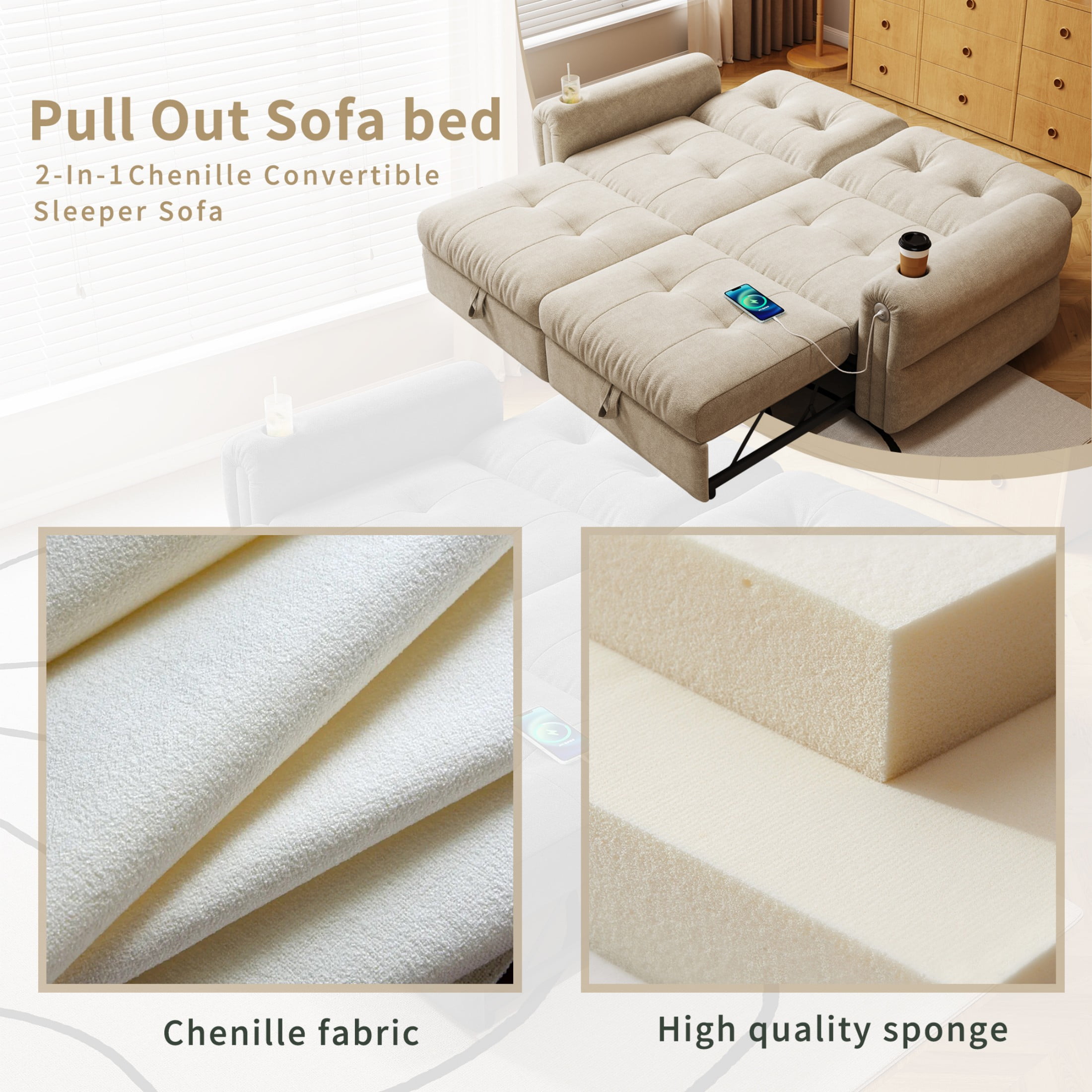 77" Queen Size Sofa Bed, Loveseat Sleeper Sofa with Pull Out Bed and USB, 2 Seater Convertible Small Couch for Living Room Bedroom Apartment (Beige, Chenille)