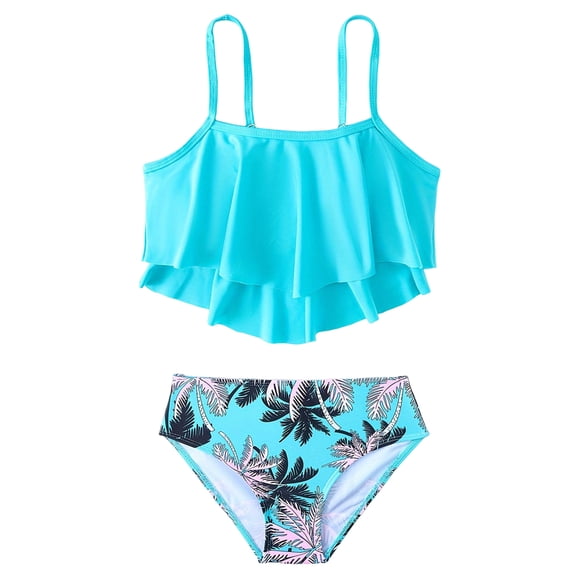 Pimfylm Maillot de Bain Petite Fille Résistant au Chlore Maillot de Bain Fille Ensemble Bikini 2 Pcs Maillot à Volants à Étages Bretelles Ajustables Maillot de Bain de Plage et de Villégiature pour Filles Taille pour 13-14 Ans, Bleu