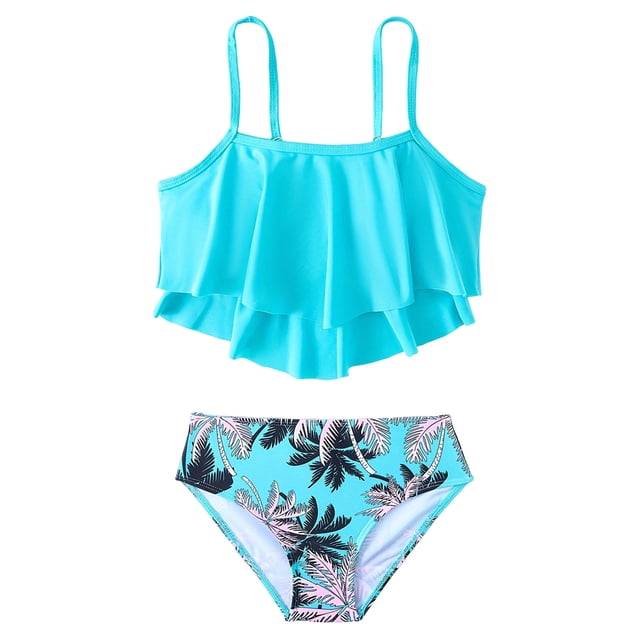 Pimfylm Little Girl Swimsuit Rash Guard For Girls Girls Swimsuit 2PCS Bikini Set Tiered Ruffled Bathing Suit Adjustable Straps Girls' Beach Resort Swimwear Size for 11-12 Years,Blue