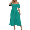thumbnail image 1 of QIPOPIQ Robe Midi d'Été Décontractée pour Femme à Col en V, Manches Bouffantes, Épaules Dénudées, Taille Haute Smockée, Liquidation, 1 of 9