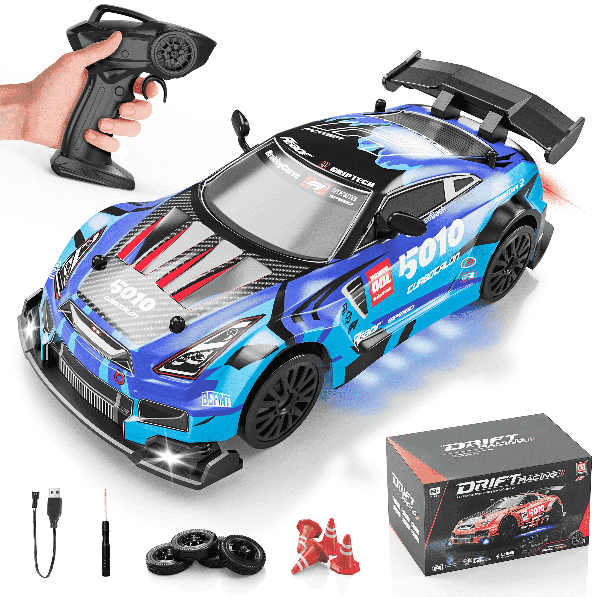 RC Drift Car Toys 8-12 Boys, UUGEE 2.4GHz Remote Control Cars with Lights, 20KM/H 4WD High Speed RC Vehicle Racing, Christmas Birthday Gifts for 6 10 12 Kids