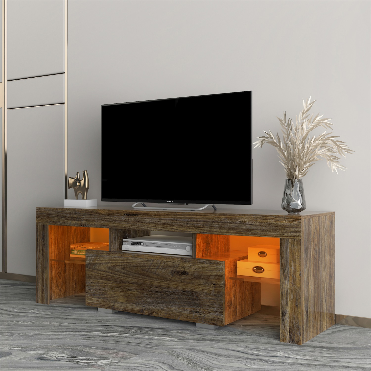 Kadyn LED Tv Stand for 55" Tv, Farmhouse Entertainment Center with LED Lights, Tv Console for Home, Espresso