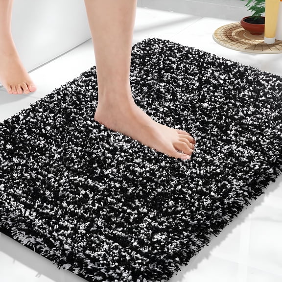 RLESO Black and White Bathroom Rug 24x17, Non Slip Washable Bath Mat, Ultra Soft Microfiber Shower Mat, Plush Fluffy Floor Mat for Sink and Tub, Water Absorbent
