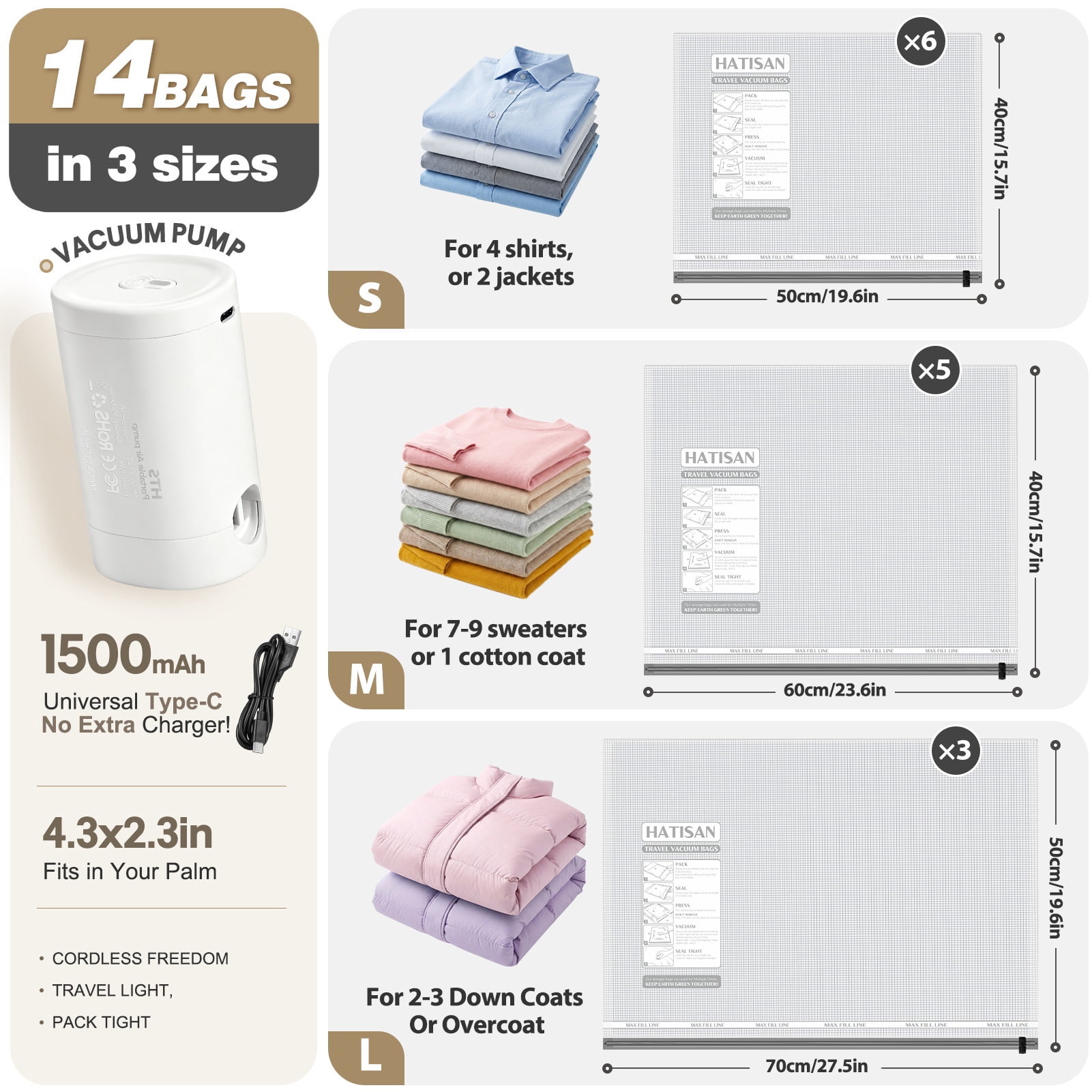 Livhil 14 Combo Vacuum Storage Bags with Electric Pump, Vacuum Seal Bags for Clothes, Travel Vacuum Bags with Pump, Reusable Shrink Bags, Square Grid