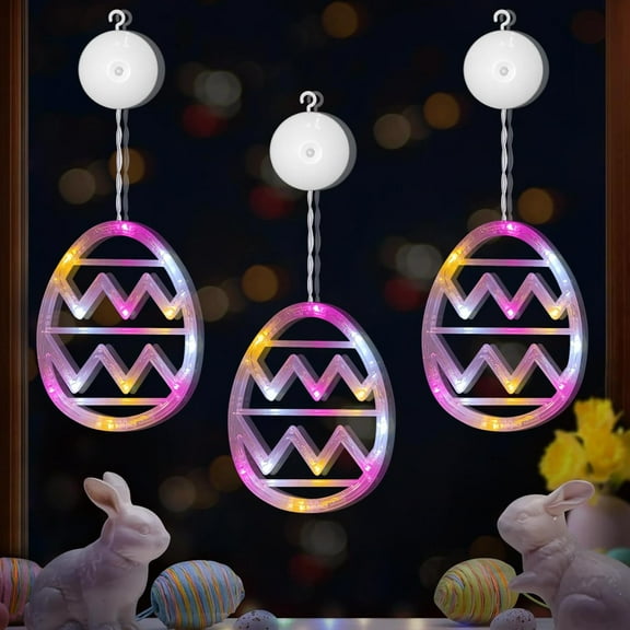 Easter Window Lights Battery Operated, 3 Pack Easter Hanging Decorations Yellow Blue Pink Egg Shaped Lights with Suction Cup, Multicolor Egg Lights Indoor Lights for Home Door Window Easter Decor