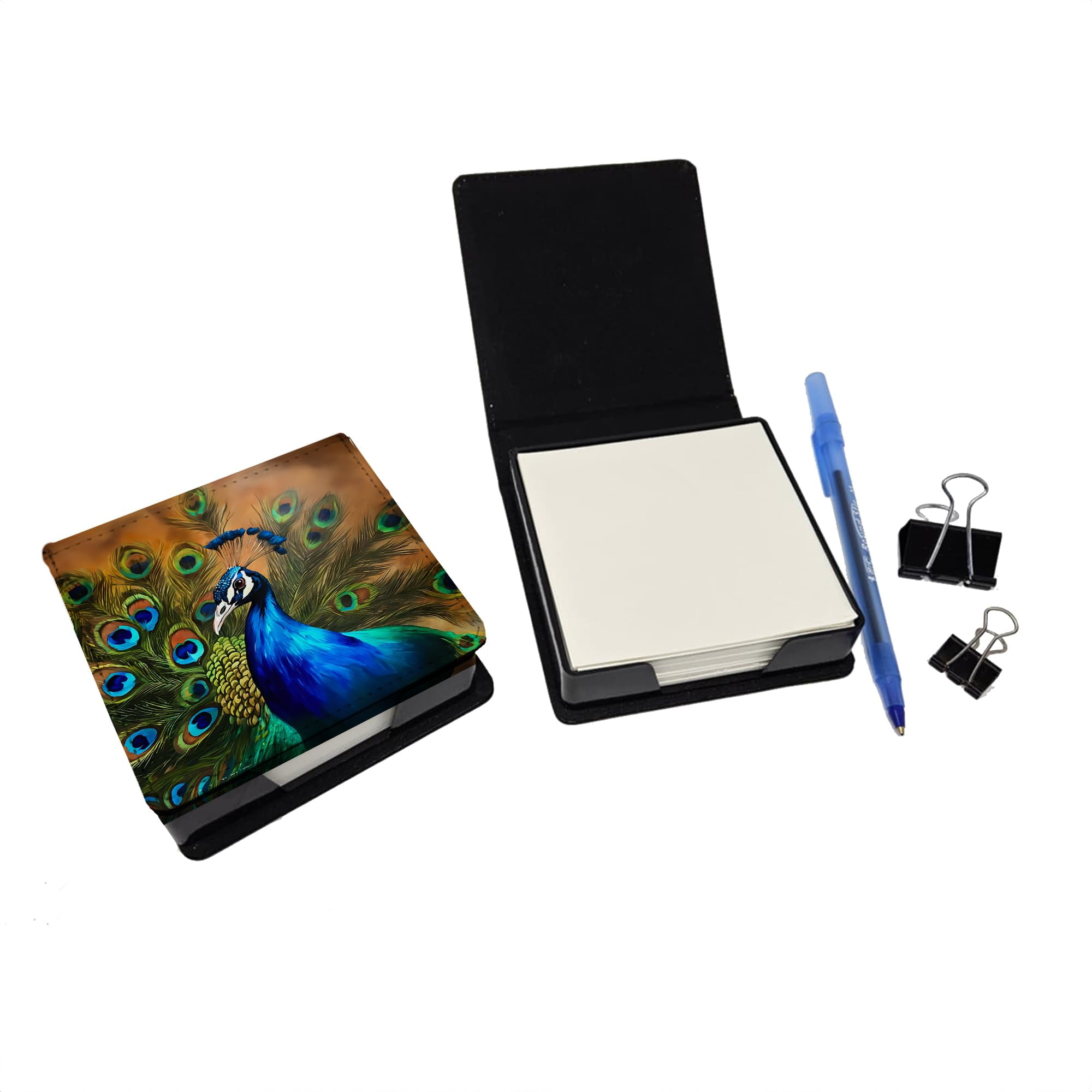 Caroline's Treasures Peacock PU Leather Note Paper Holder with Artist-Designed Cover, Desk Accessory, Office Gift