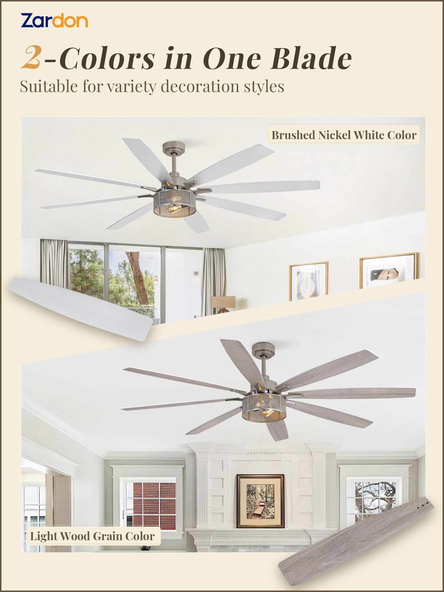Zardon 72 Inch Farmhouse Ceiling Fan with Light and Remote Control, Quiet 6-Speed Reversible DC Motor, 8 Dual-Finish Blades for Indoor, Nickel