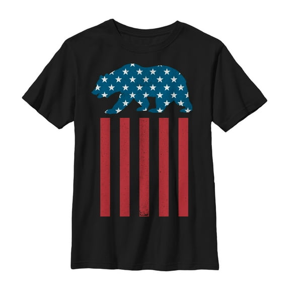 Boy's Lost Gods Fourth of July  Bear American Flag  Graphic Tee Black Medium