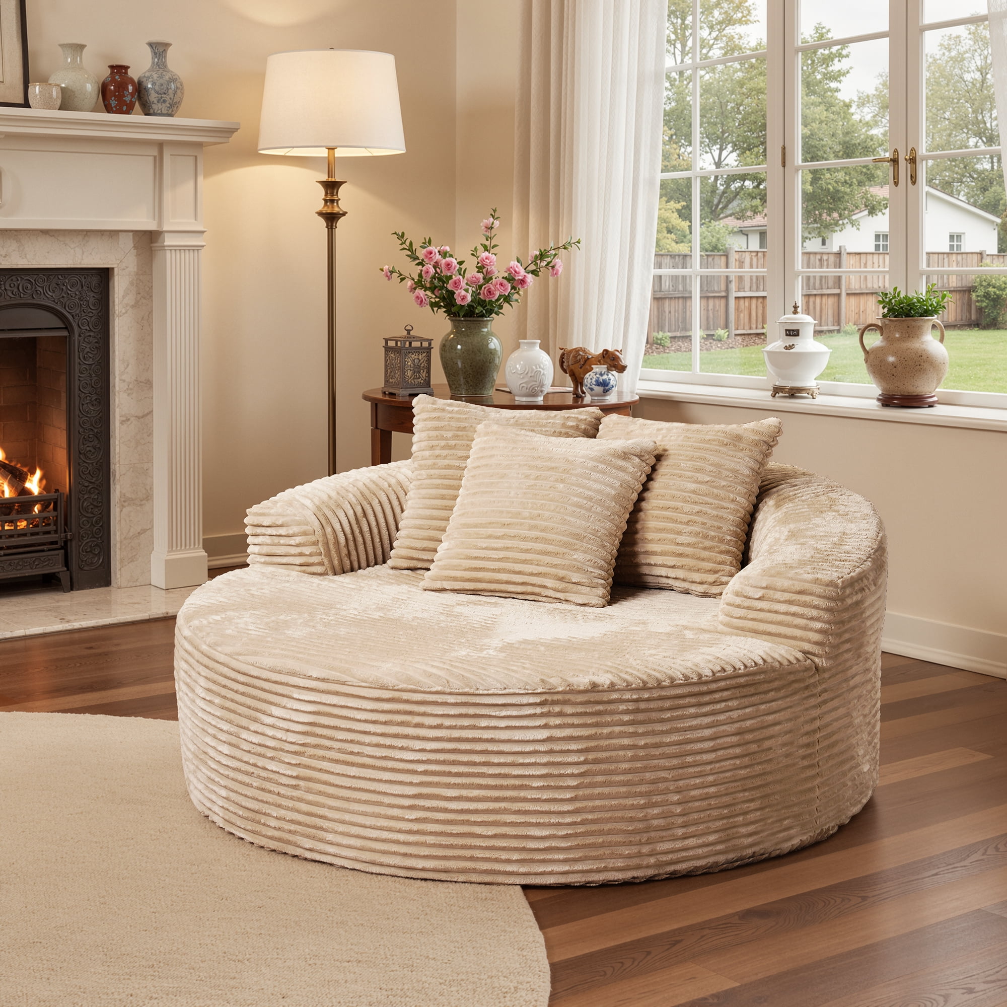 Ovios 58 inch Oversized Lounge Chair Round Cloud Deep Seat Accent Chair Plush Corduroy Boneless Sofa Chair for Living Room, Beige