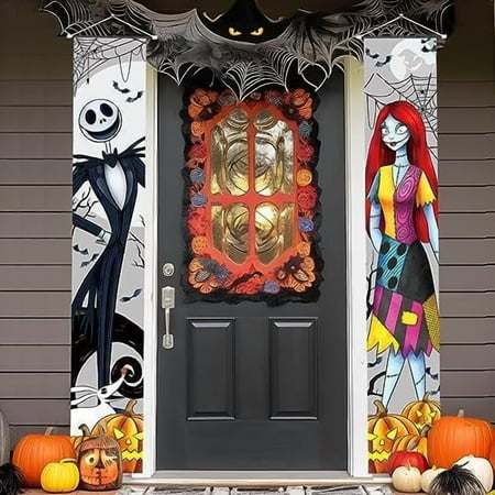 Jack Sally Banners Porch Signs Halloween Decor Christmas Nightmare Hanging Banner Halloween Decorations Outdoor Horror Poster for Indoor Spooky Pumpkin Ghost Door Sign Before Party Banner Wall Art