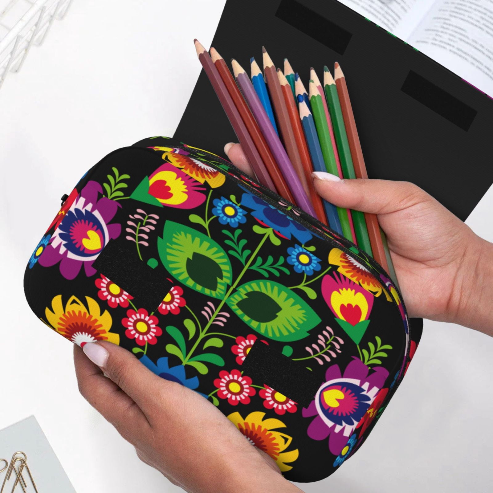 Rateoe Traditional Floral Polish Pattern Double Clamshell Pen Case, Storage Organizer with Two Zipper Compartments– Holds Up to 50 Pencils & Pens
