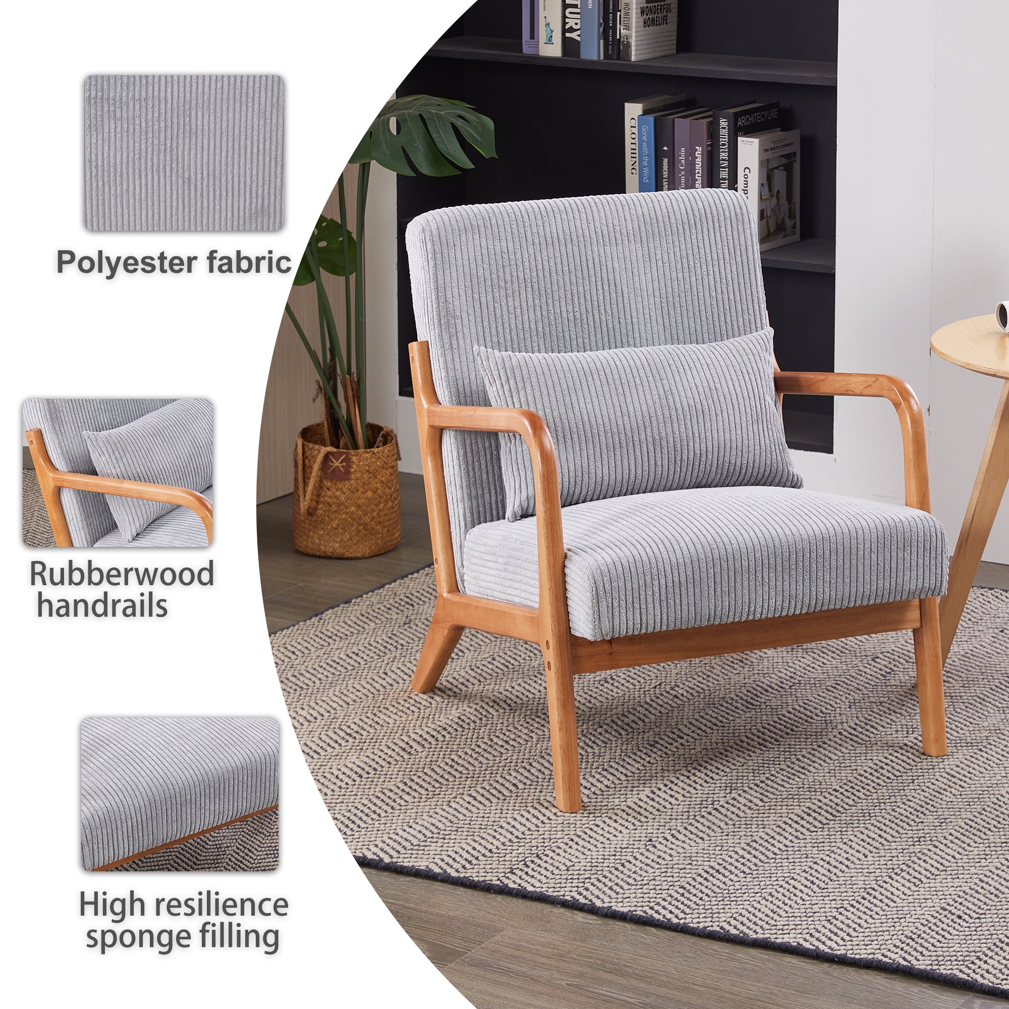 Leumius Modern Arm Chair Upholstered Reading Accent Chair with Pillow & Solid Wood Frame for Living Room Bedroom,Light Gray