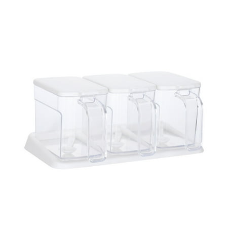 

FRCOLOR 3pcs in 1 Set Creative Style Transparent Seasoning Bottle Set Condiment Jar Set Condiment Storage Container with Lid Spoon and Serving Trays(White)