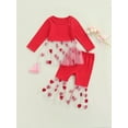 thumbnail image 2 of Kiapeise Infant Kid Baby Girls Valentine's Day Outfits Long Sleeve Heart Mesh Tulle Tops Tee Flared Pants Set 6M-4Y, 2 of 9