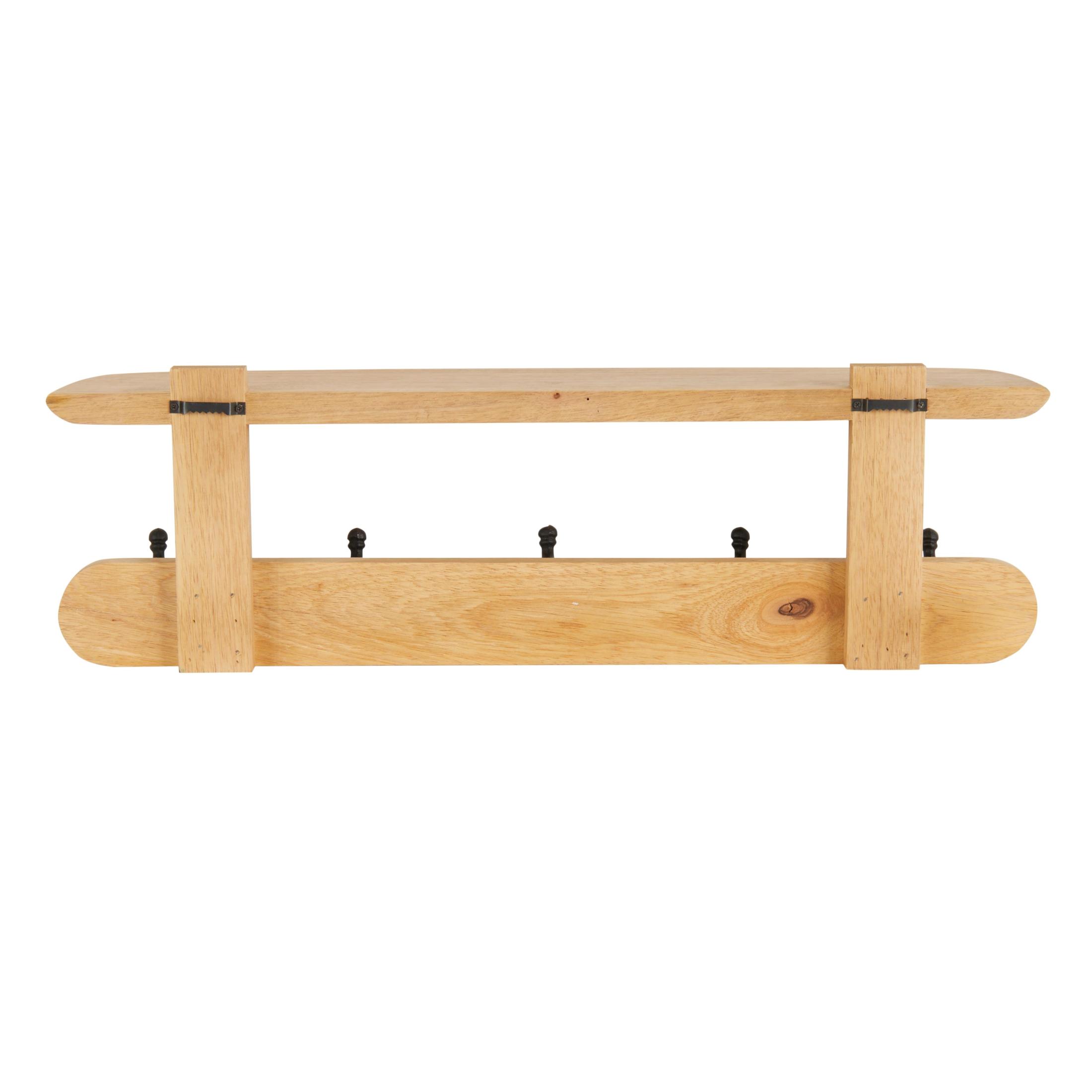 DecMode 26" x 8" Brown Mango Wood Handmade Single Shelf Wall Hook with 5 Hooks, 1-Piece