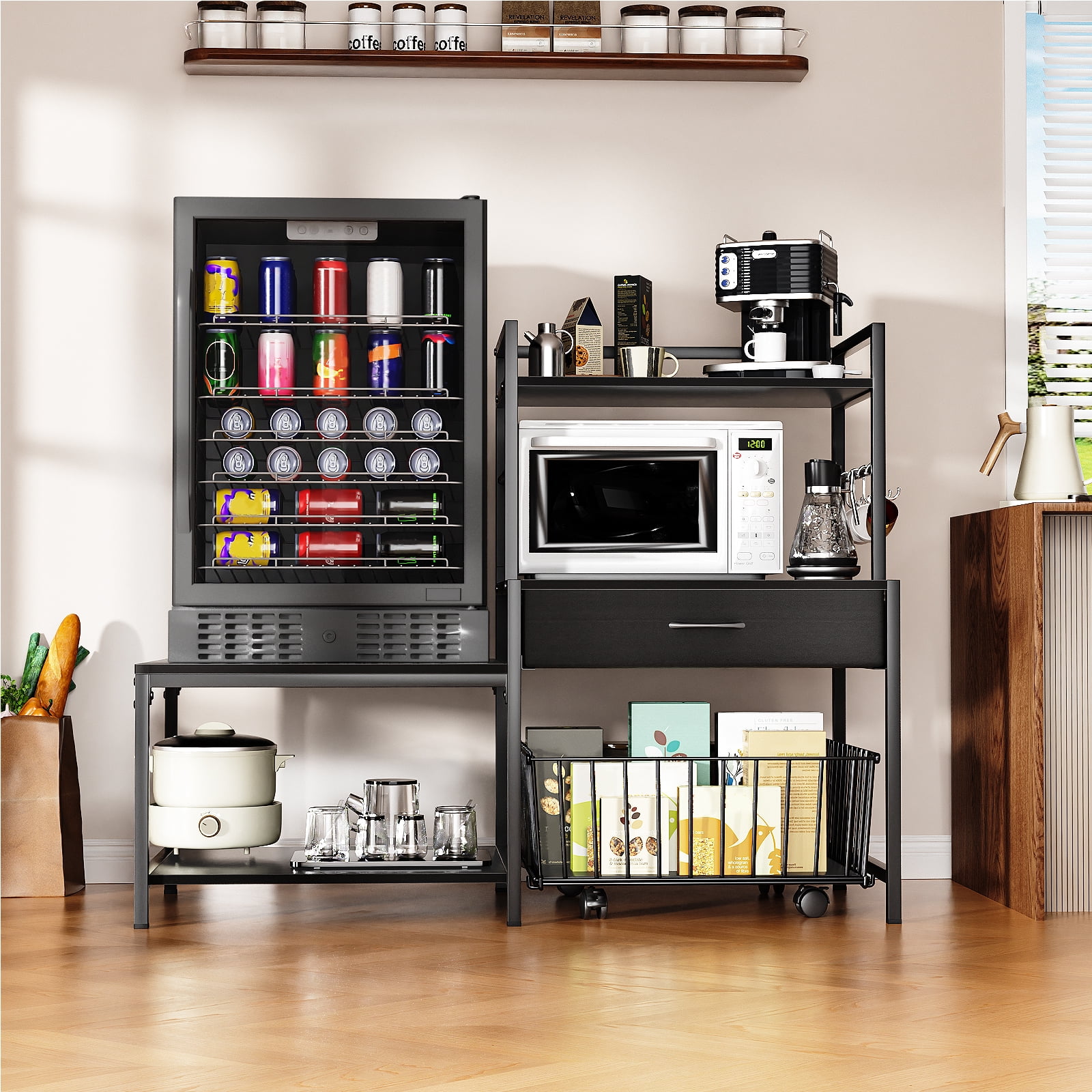 ModFurne Mini Fridge Stand with Storage, Mini Refrigerator Stand with Power Outlet, Wine Fridge Table with Movable Storage Basket for Dorm Home Use (Black)