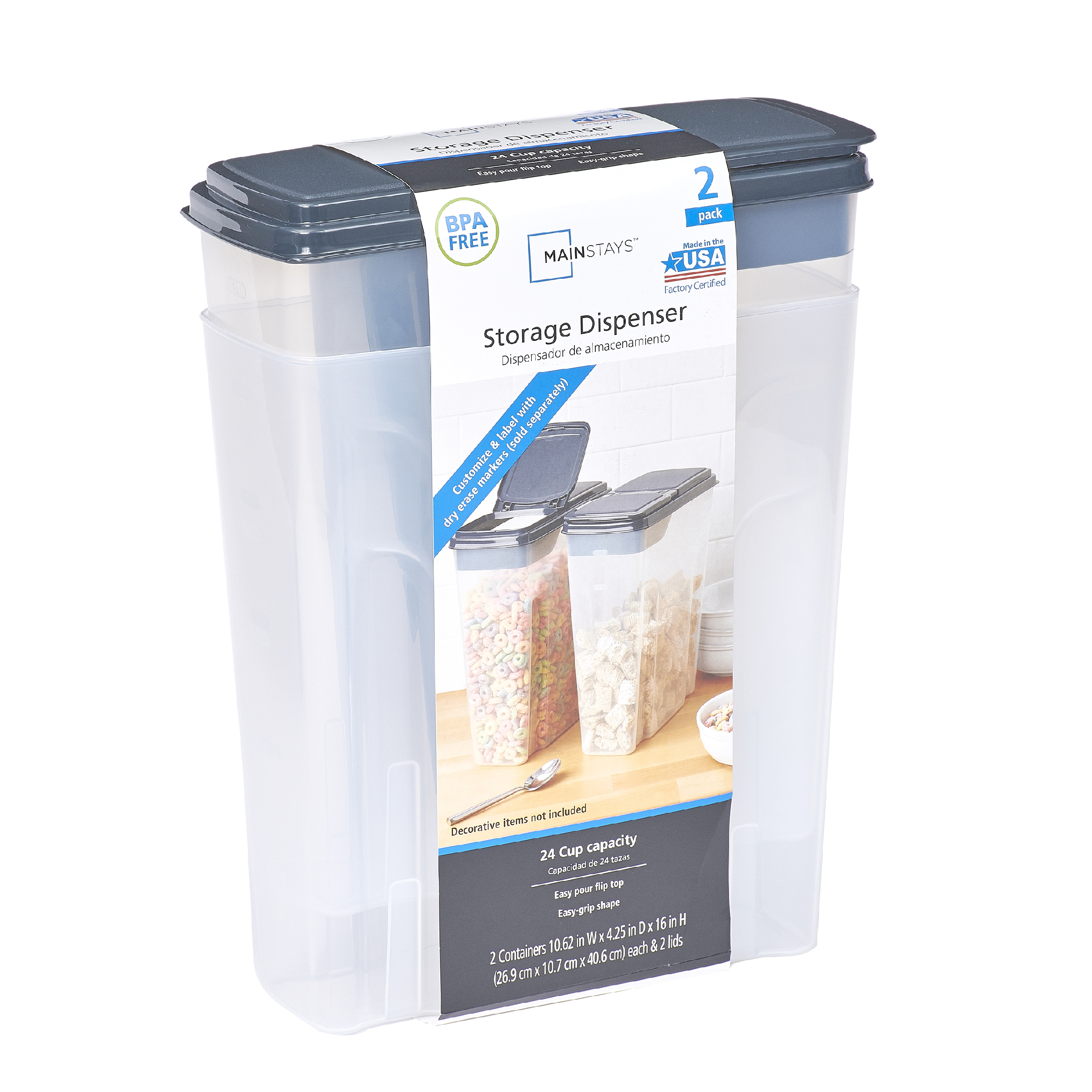 Mainstays 2-Pack Plastic Cereal Keeper Storage Containers, Kitchen Pantry Organizer Canisters for Cereal and Dry Food Storage, 24 Cup Capacity, Dark Gray Lid