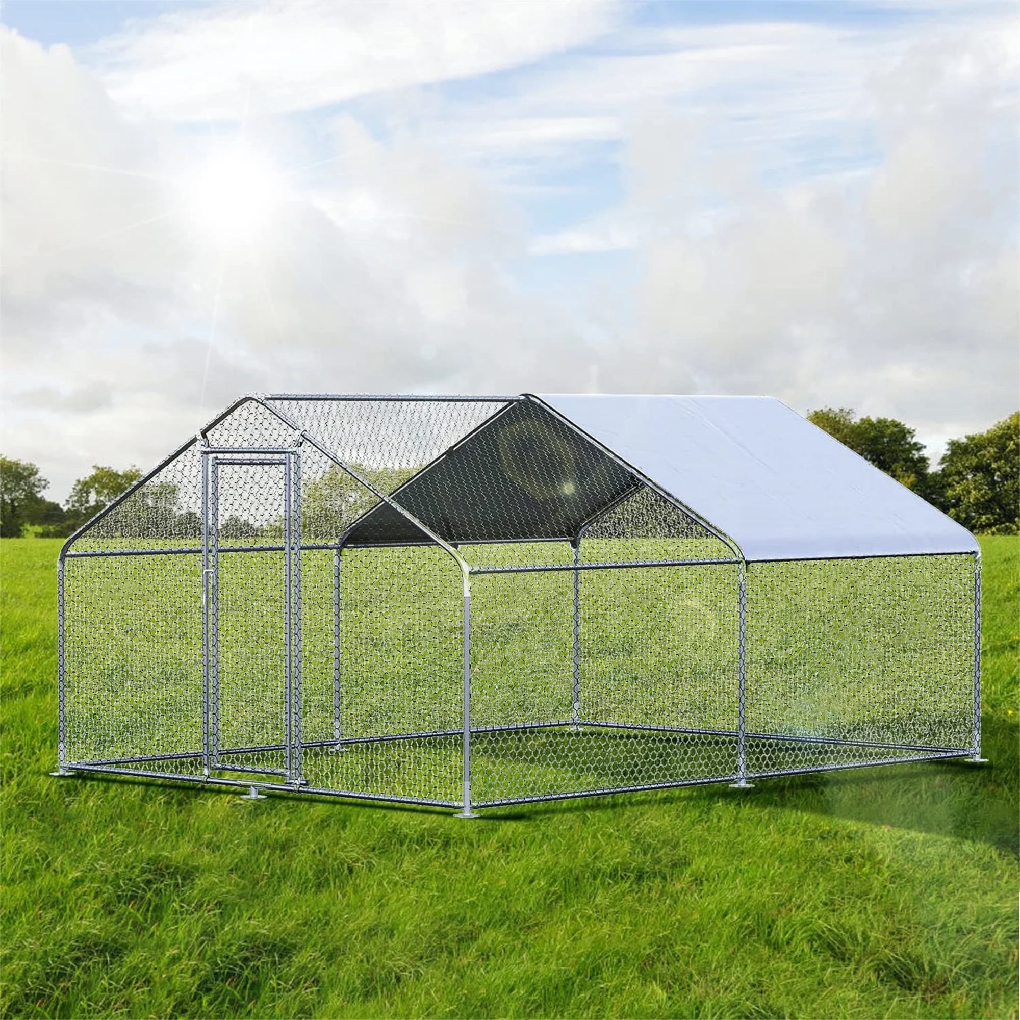 Aukfa Chicken Coop, 13 ft Large Chicken Run Cage Outdoor, Heavy Duty Spire Shaped Metal Frame, Silver