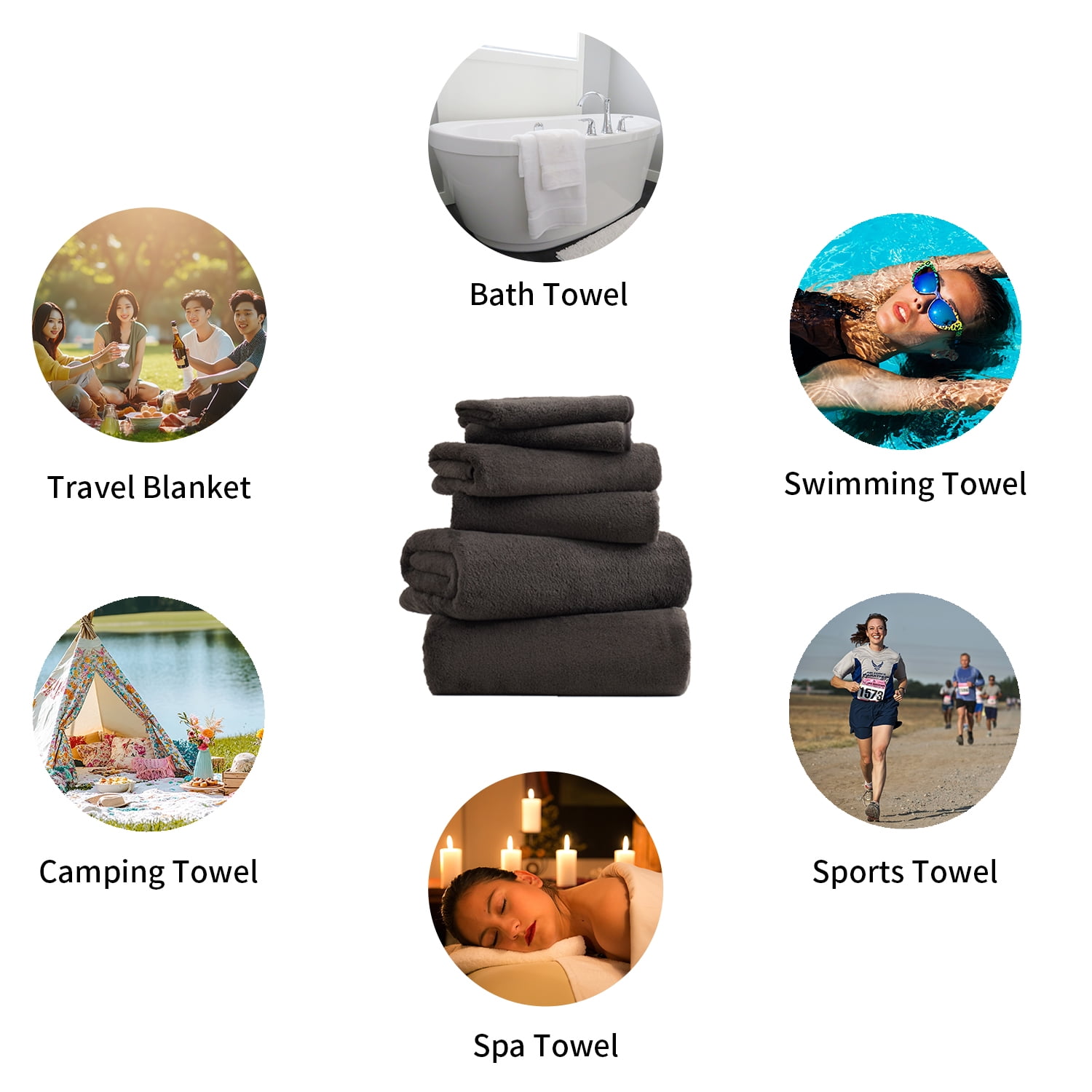 Beartech 6 Pack Bath Towel Set,Microfiber Towel Set,2 Bath Sheet,2 Hand Towel,2 Washcloth,Ultra Soft & Quickly Dry Bathroom Towel Set,Plush Highly Absorbent Shower Towel For Hotel Spa-Black Brown