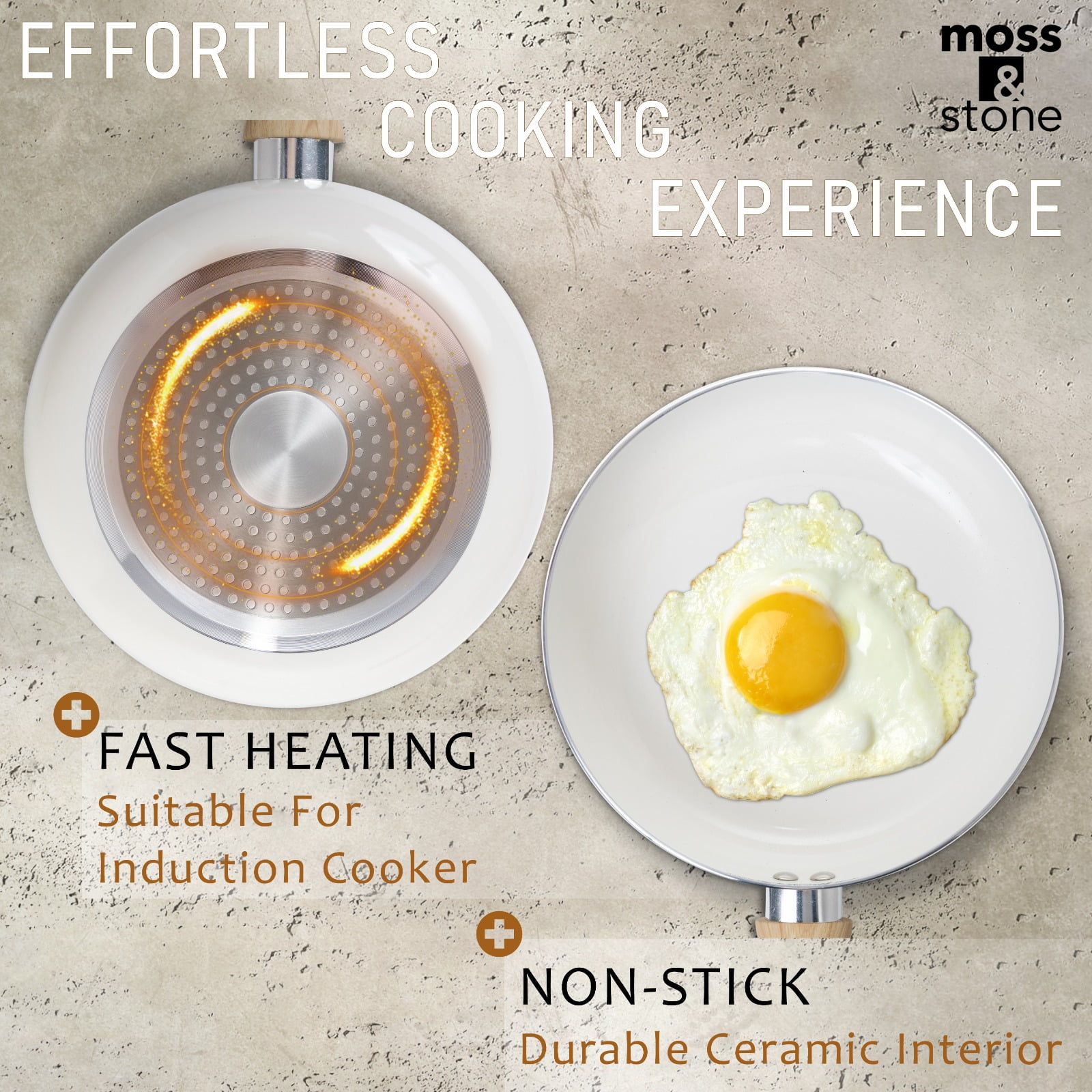 Moss & Stone 6 Piece White Nonstick Cookware Set, Pots And Pans Set Non stick With Glass Lid, Induction Cookware, Stay-Cool Handles, PTFE/PFOA Kitchen Cookware 6-Piece with Frying Pans Set & Saucepan