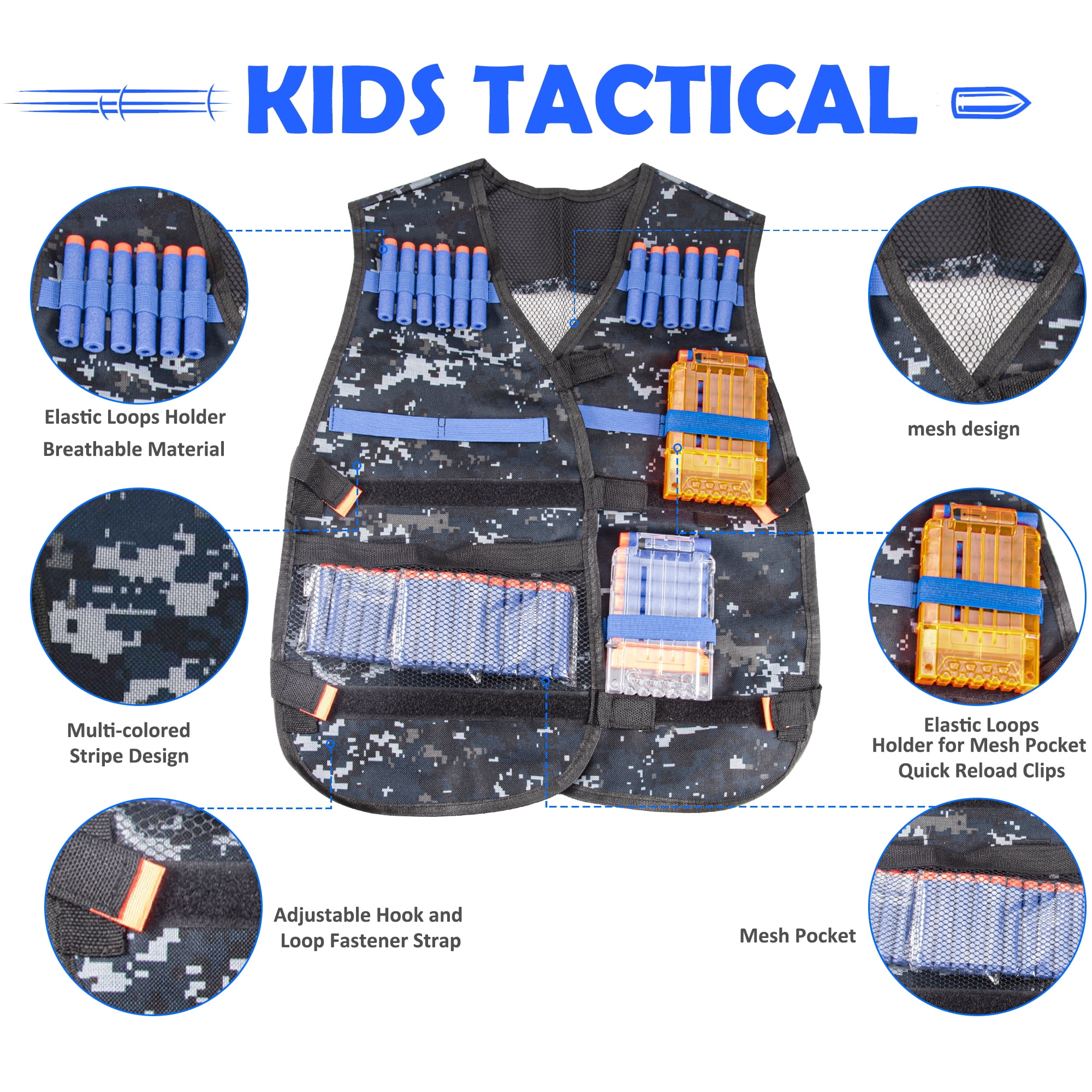 2pack Enfants Tactical Vest Kit Refill Darts,Masque tactique,Lunettes de  protection,Clips de recharge, Bracelet pour Nerf Nerf Accessoires Ensemble  de jouets