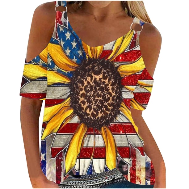 Camisas de Verano para las Mujeres Fuera Del Hombro Impreso Manga Corta Cuello Redondo, Camisas de Mujer Casual