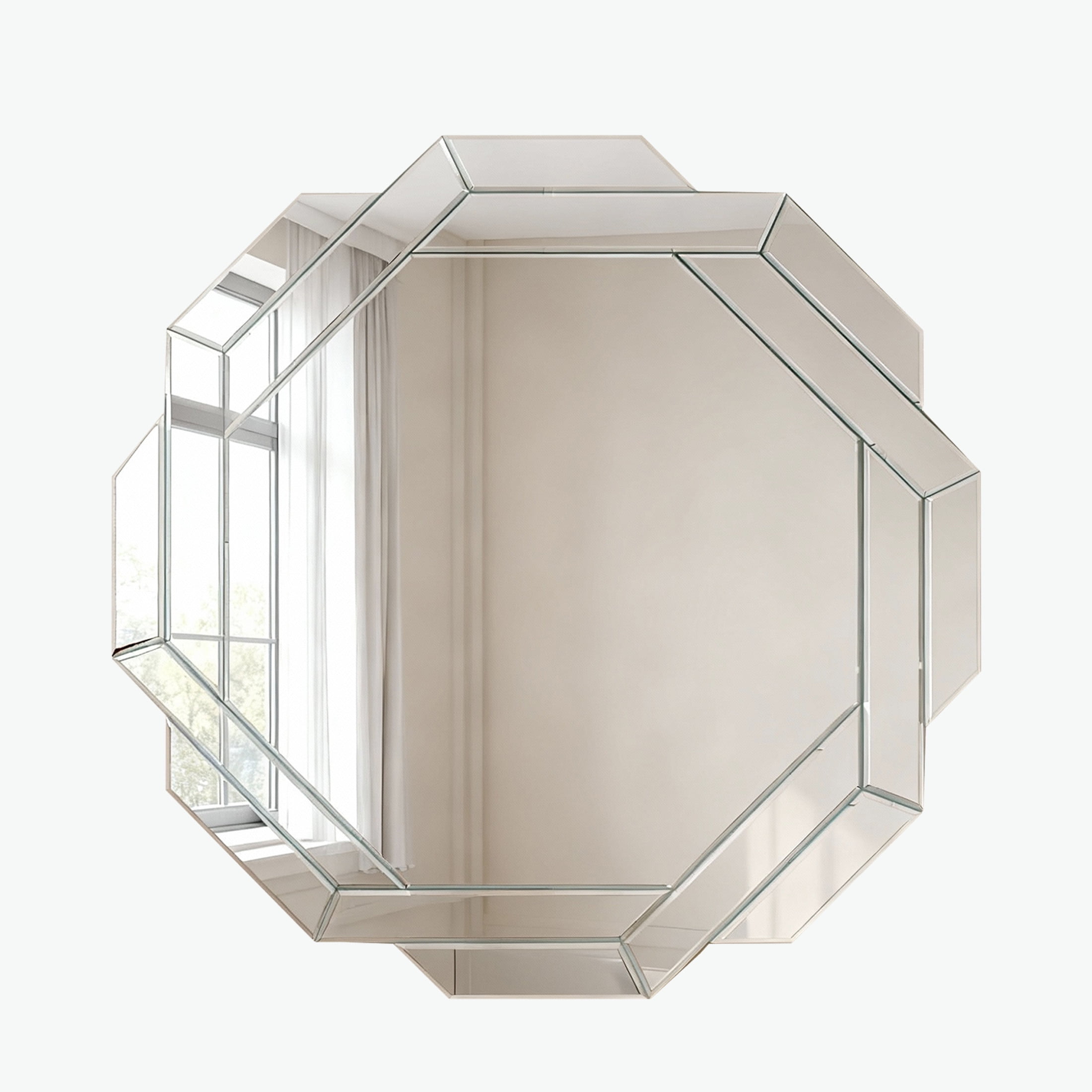 Noble House 29.92" Octagonal Wall Mirror, Frameless Beveled Edge Mirror for Living Room and Bathroom Decor,Silver