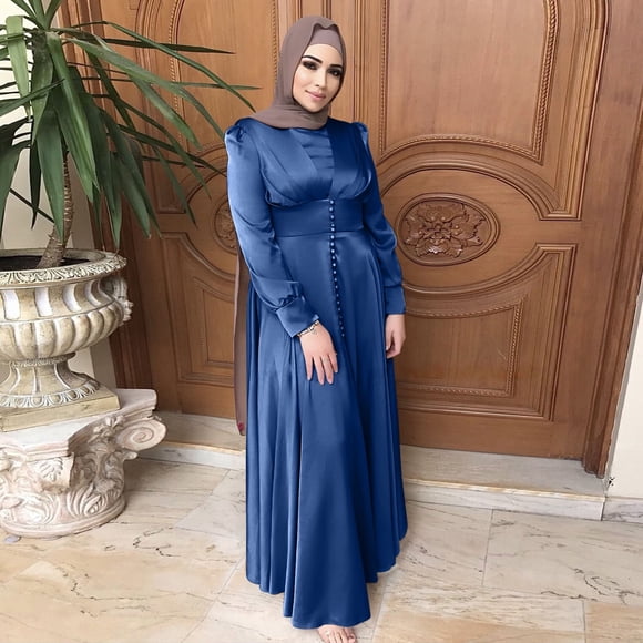 GZWYHT Dresses for Women 2025,Maxi Dresses Women's Casual Solid Muslim Dress Lantern Sleeve Abaya Islamic Arab Kaftan Dress Long Sleeve Dress,Modest Dresses,Blue Dress,Clearance Dressers XL