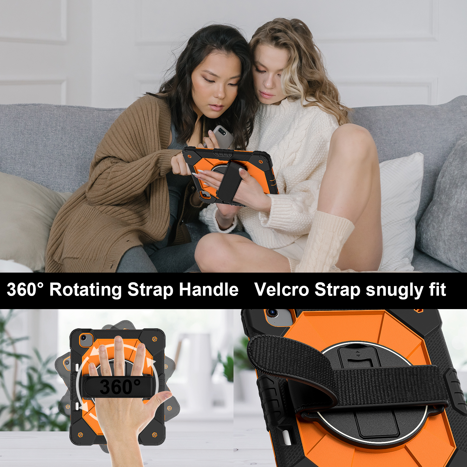 Dteck Case for iPad Air 13 inch 2025/2024 (M3/M2) with Pencil Holder, Shockproof Silicone + PC 3 Layer Protection Case Heavy Duty 360° Rotating Hand Strap Kickstand Cover,Black+Orange