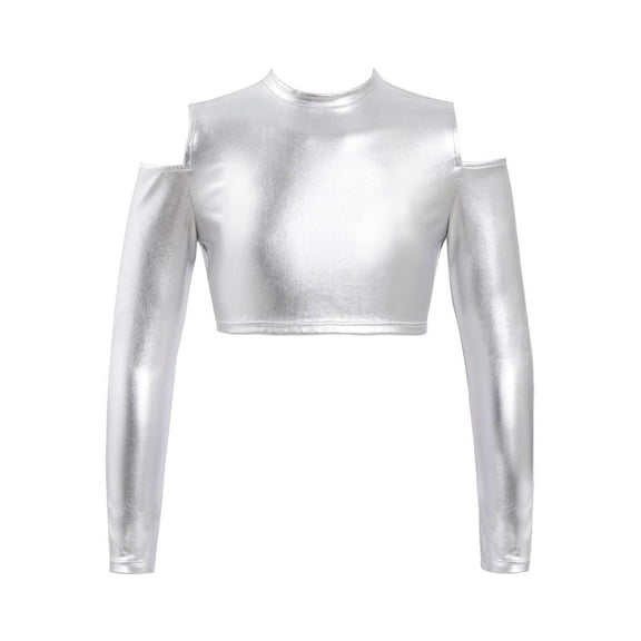 TiaoBug Kids Girls Shiny Metallic Crop Top Long Sleeve Off Shoulder Jazz Hip Hop Leotard Dance Shirt Silver 12