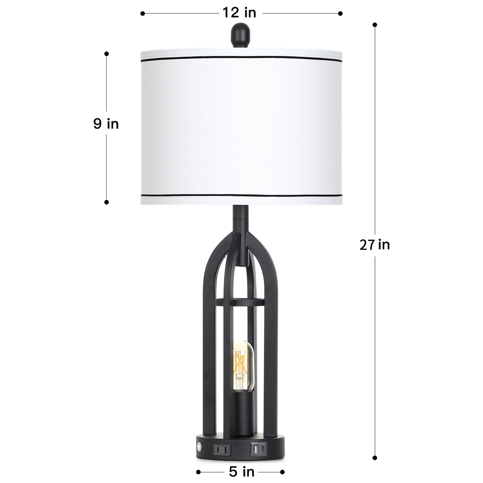 Cinkeda 3 Way Dimmable Single Table Lamp with AC Outlet USB A+C Charging Ports Touch Control Nightlight for Bedroom Living Room 27" Industrial Black Bedside Nightstand Lamps