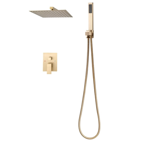 Rainfall Shower System with 12" Square Head, Handheld Spray, Brass Valve, Brushed Gold, for Bathroom Wall Mount