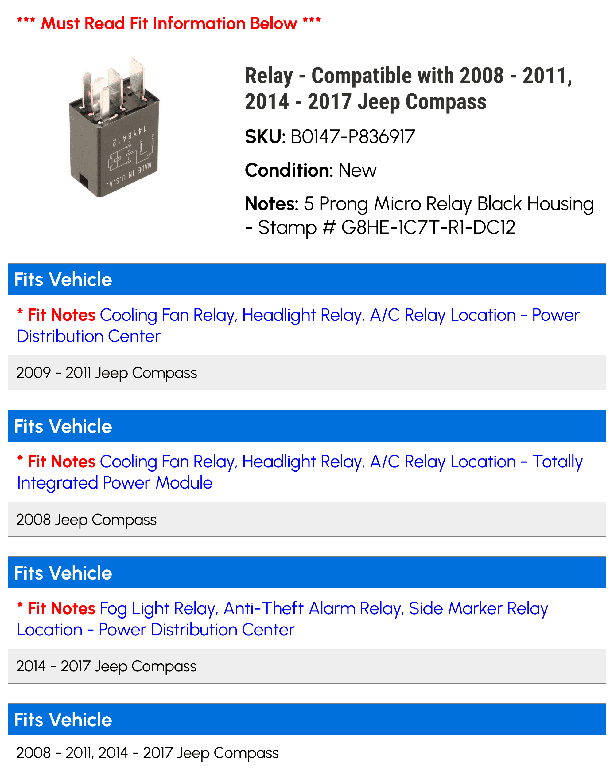 Relay - Compatible with 2008 - 2011, 2014 - 2017 Jeep Compass 2009 2010 2015 2016