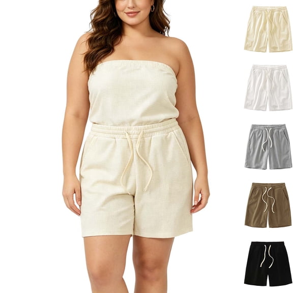 DYTTDG Plus Size Women's Waffle Knit Casual Shorts | Elastic Drawstring Waist Loose Knee Length Lounge Short Pants with Pockets, Summer Sleepwear & Casual Shorts