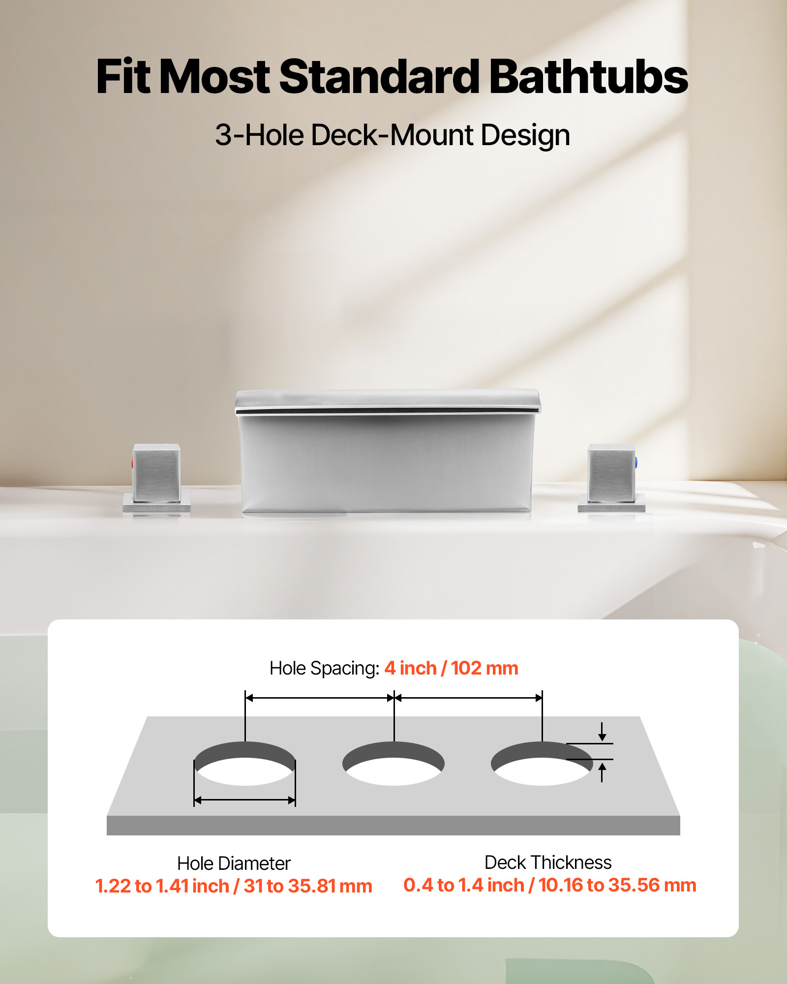 VEVOR Roman Tub Faucet, 3 Hole Waterfall Bathtub Faucet, Bath Tubs Faucets Set with 2 Handles, Deck Mount Bath Tub Faucets Set for Adult Bathing, Silver, Waterfall Spout Design, Temperature Control